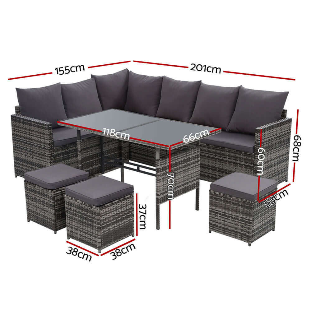 Dimensions of Gardeon 9-Seater Wicker Outdoor Sofa Dining Set with seating arrangement and measurements.