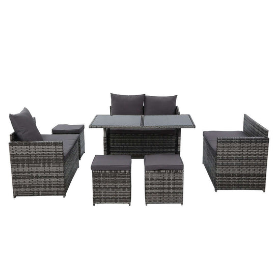 Gardeon 9-seater outdoor wicker dining sofa set in mixed grey, perfect for garden parties and relaxation.