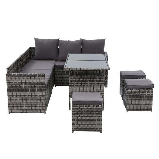 Gardeon 9-seater outdoor wicker sofa dining set in mixed grey with cushions and glass table.