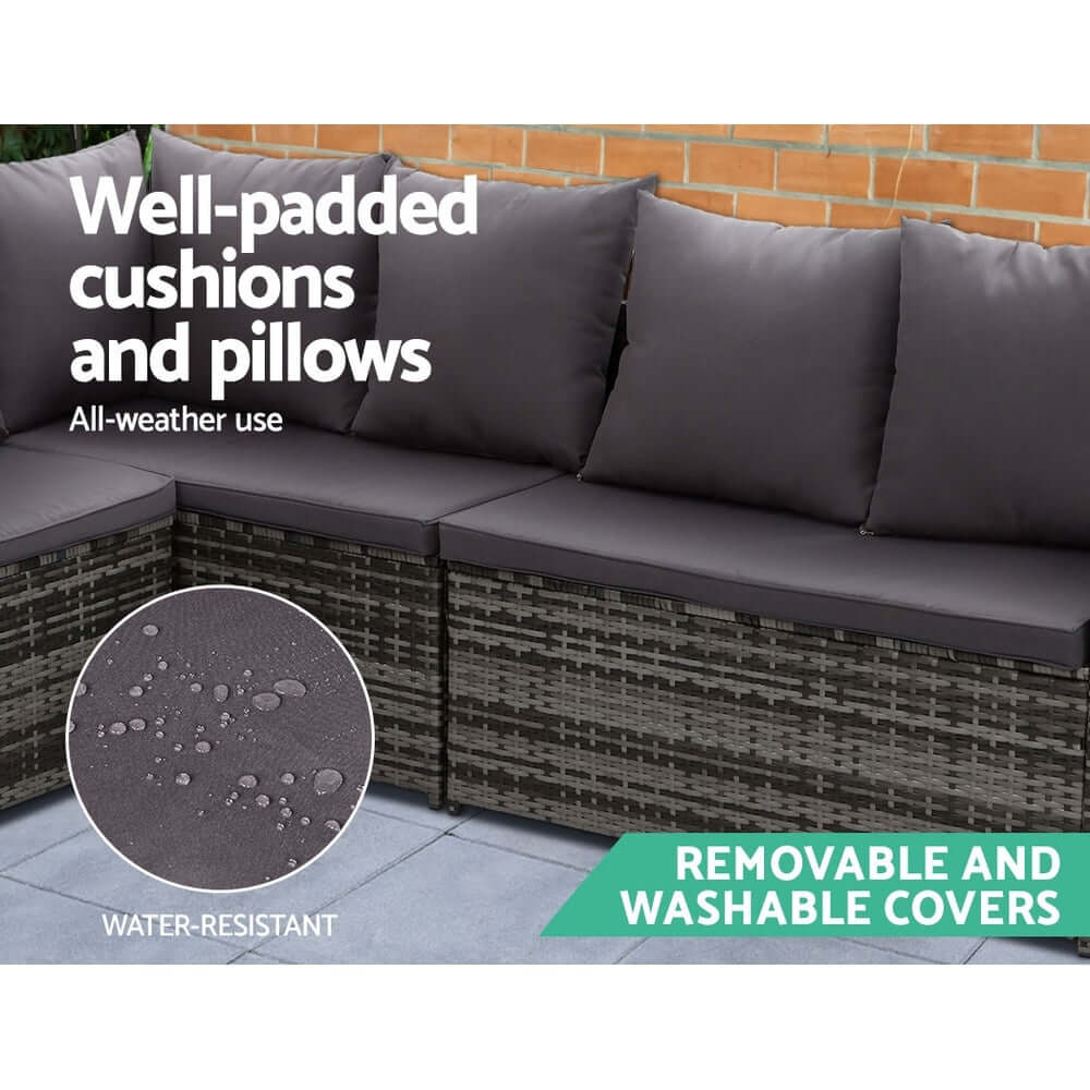 Gardeon outdoor sofa set with well-padded, water-resistant cushions and removable, washable covers for all-weather use.