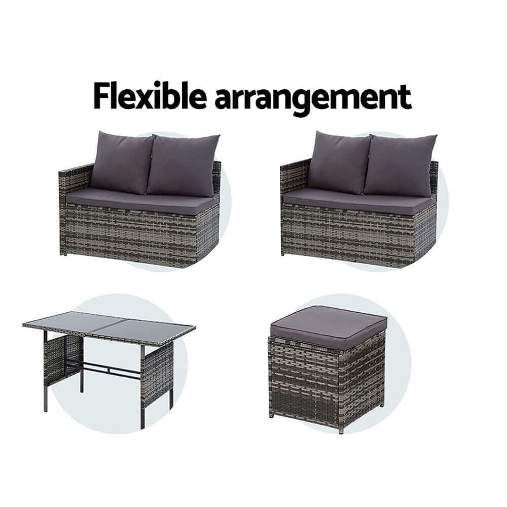 Gardeon outdoor furniture set showing flexible arrangement options with sofa, table, and ottoman in mixed grey wicker.