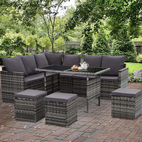 Gardeon 9-seater outdoor lounge sofa set in mixed grey wicker, perfect for garden parties and relaxation.