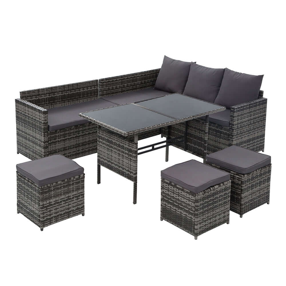 Gardeon outdoor dining set featuring grey lounge chairs, table, and cushions, perfect for affordable luxury garden gatherings.