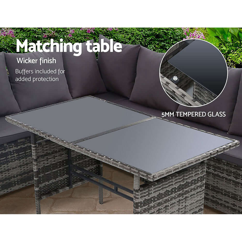 Gardeon outdoor dining table with wicker finish and 5mm tempered glass top, perfect for stylish garden gatherings.