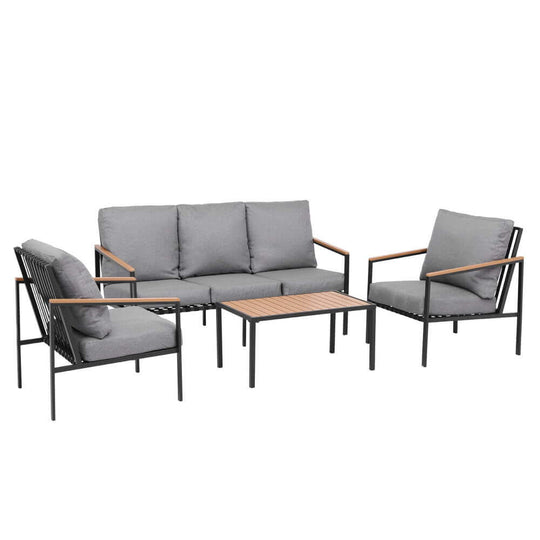 Gardeon 5-seater outdoor sofa set in grey with wooden accents, perfect for a stylish and affordable patio or garden space.