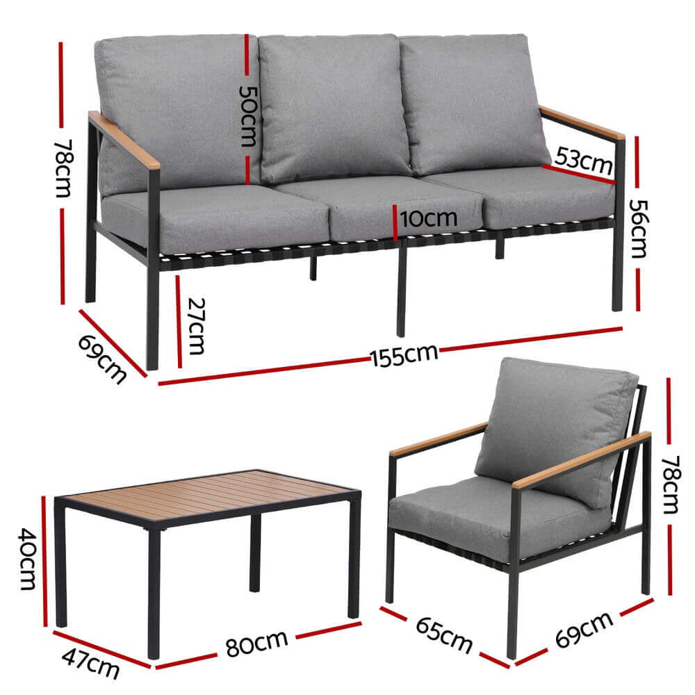 Gardeon 5-seater outdoor sofa set dimensions with two single sofas, a 3-seater, and a center table, perfect for stylish patio furniture.