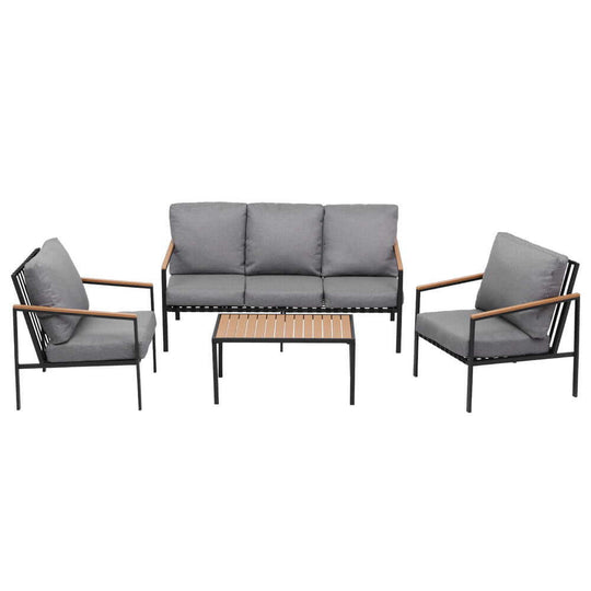 Gardeon 5-seater outdoor sofa set with gray cushions and wooden accents, ideal for stylish patio furniture.