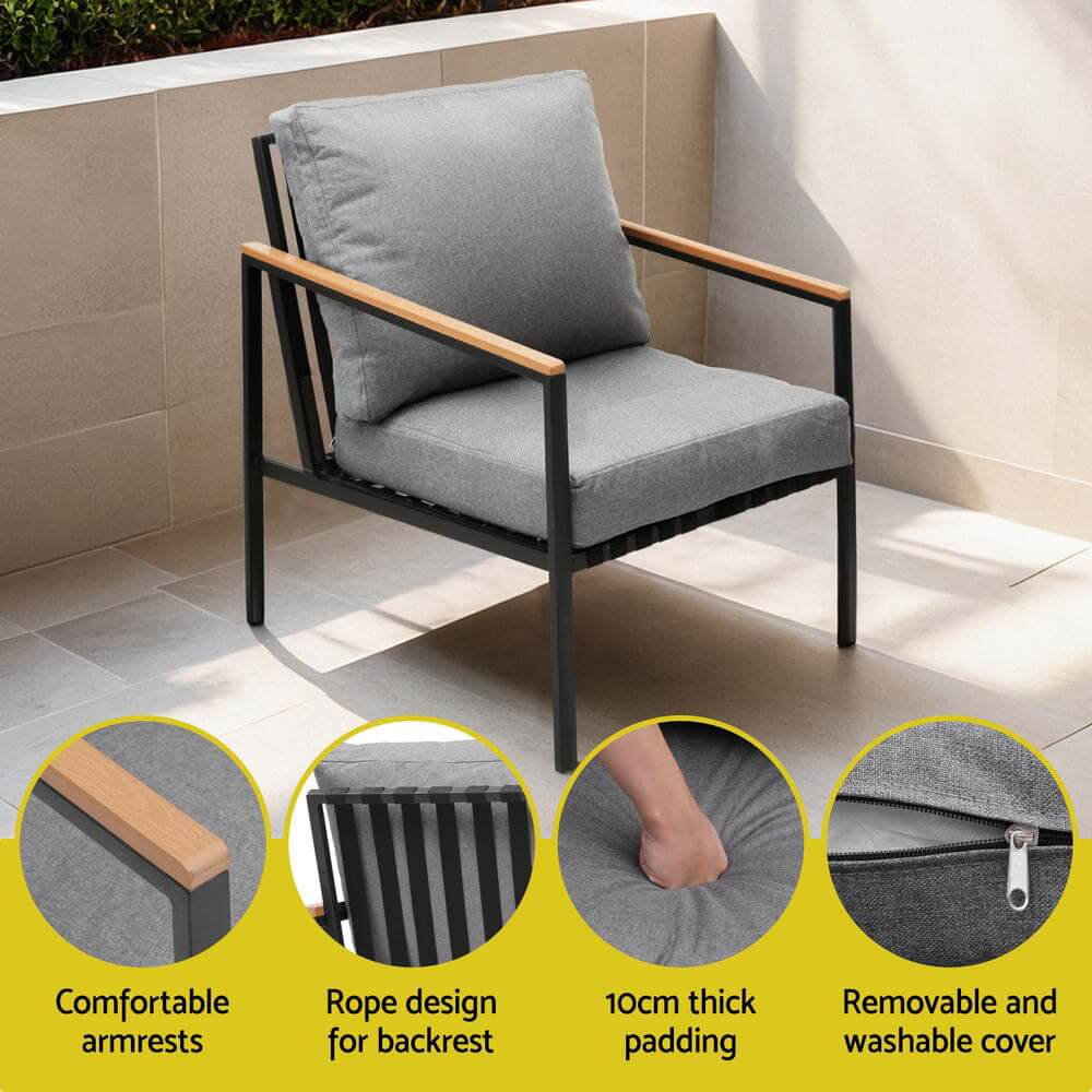 Gardeon outdoor chair with gray cushions, comfortable armrests, and removable cover for easy maintenance.