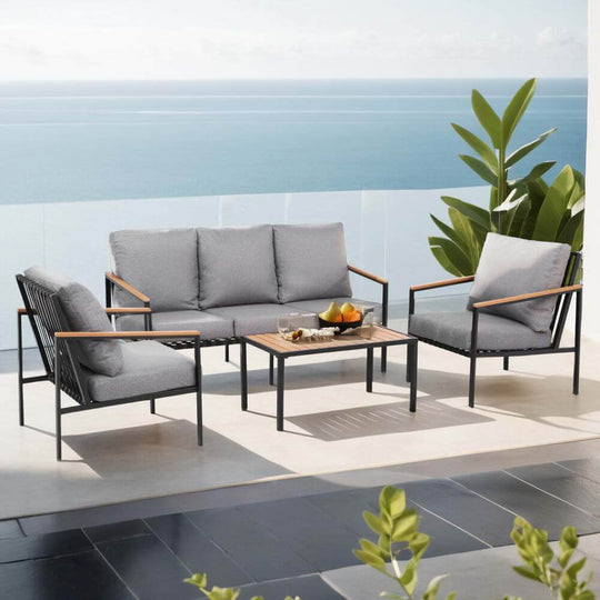 Gardeon 5-seater outdoor sofa set with grey cushions and wooden accents, perfect for a chic patio or garden.