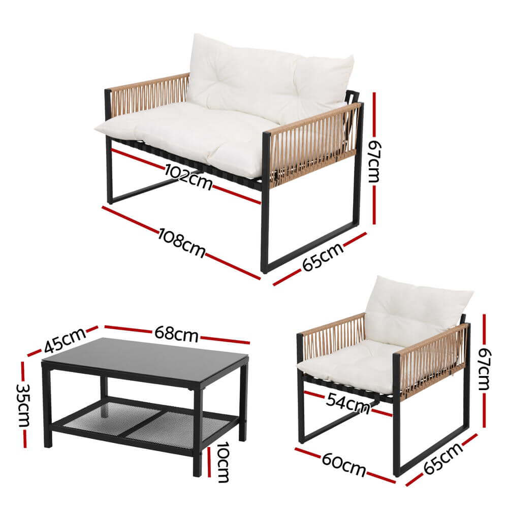 Gardeon 4-seater outdoor sofa set dimensions with a 2-seater sofa and coffee table, ideal for stylish outdoor spaces.