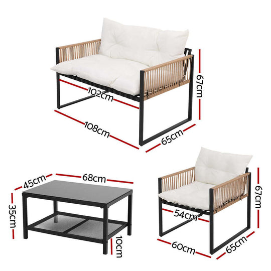 Gardeon 4-seater outdoor sofa set dimensions with a 2-seater sofa and coffee table, ideal for stylish outdoor spaces.