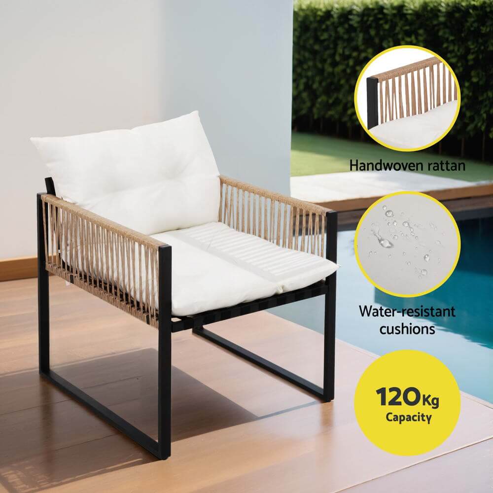 Gardeon outdoor chair with handwoven rattan, water-resistant cushions, and 120kg capacity for stylish patios.