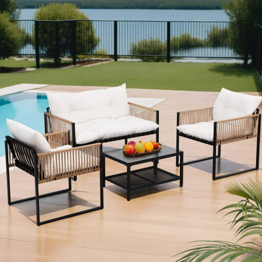 Affordable Gardeon 4-seater outdoor sofa set with white cushions by the pool, perfect for stylish garden patios.