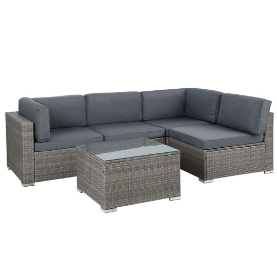 Gardeon 5-piece wicker outdoor sofa set in grey, perfect for a chic and affordable DIY outdoor lounge area.