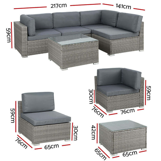 Gardeon 5-piece affordable wicker outdoor sofa set with dimensions for DIY arrangement and elegant outdoor setting.