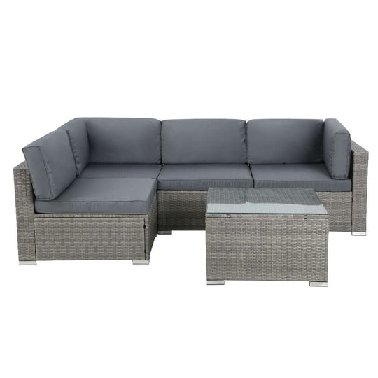 Gardeon 5-piece outdoor wicker sofa set with grey cushions, affordable and quality lounge setting.