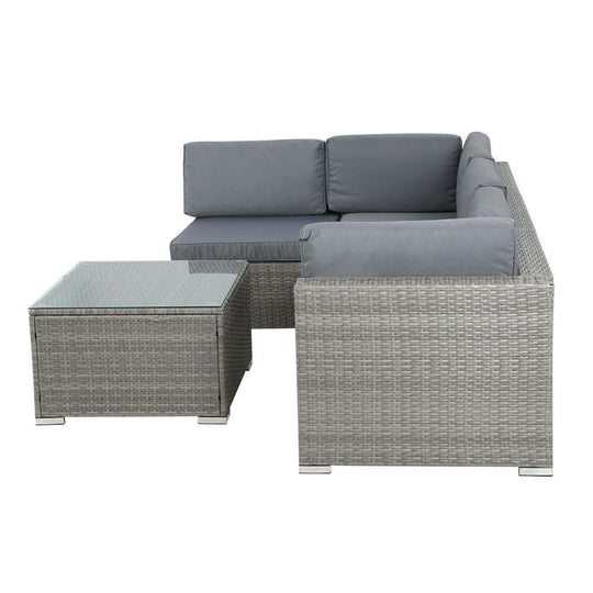 Gardeon 5-piece grey wicker outdoor sofa set with matching glass top table, stylish and affordable lounge seating.