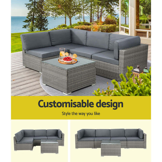 Gardeon 5-piece outdoor sofa set with customisable design, affordable wicker lounge with quality grey cushions.