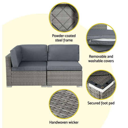 Gardeon 5-piece outdoor sofa set features powder-coated steel frame, removable covers, secured foot pad, and handwoven wicker in grey.