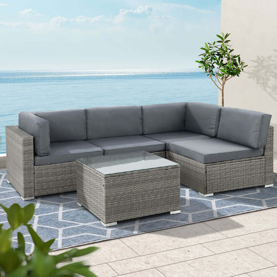 Gardeon 5-piece outdoor wicker sofa set with grey cushions, ideal for affordable and chic lounging.