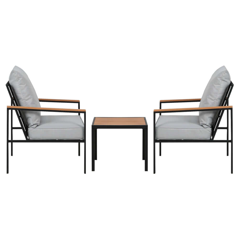 Gardeon 3PC outdoor furniture bistro set featuring two chairs and a table in black and grey, affordable luxury for patio lounging.