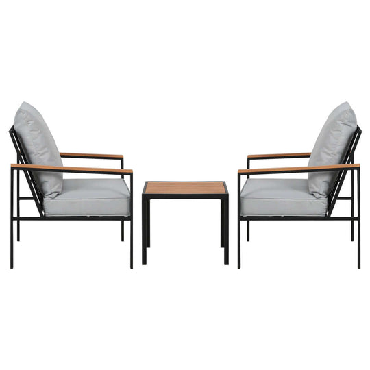 Gardeon 3PC outdoor furniture bistro set featuring two chairs and a table in black and grey, affordable luxury for patio lounging.