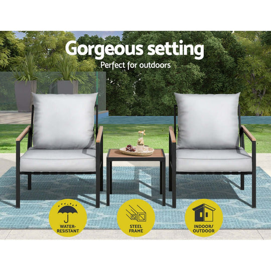 Gardeon bistro set featuring two grey chairs and a table, ideal for affordable outdoor lounging with water-resistant cushions.