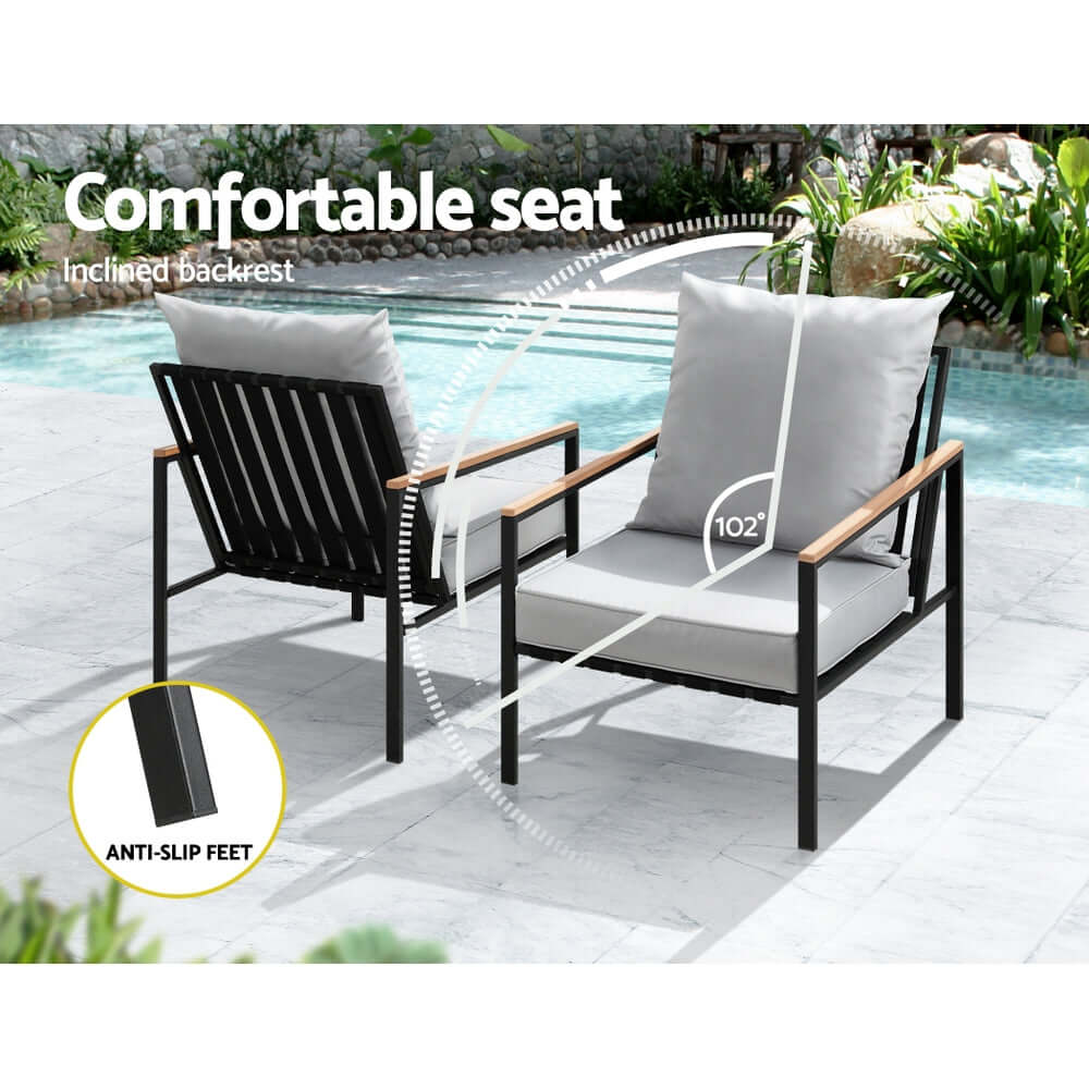 Gardeon outdoor lounge chairs featuring comfortable seats and inclined backs with anti-slip feet, perfect for patio relaxation.