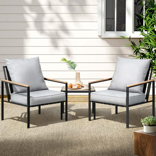 Gardeon 3PC affordable outdoor furniture bistro set with grey chairs and table, perfect for stylish patio lounging.