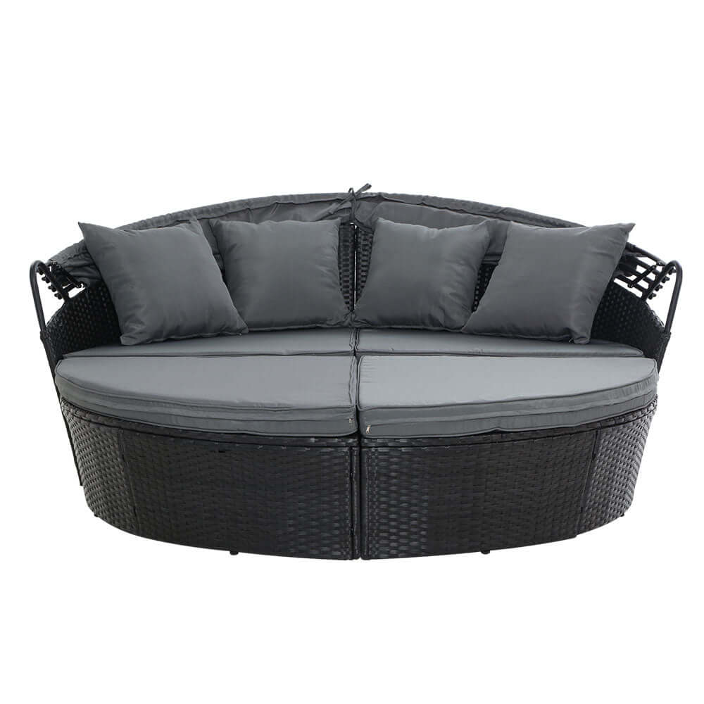 Gardeon sun lounge setting outdoor furniture, black wicker day bed with gray cushions, perfect for relaxation and summer enjoyment.