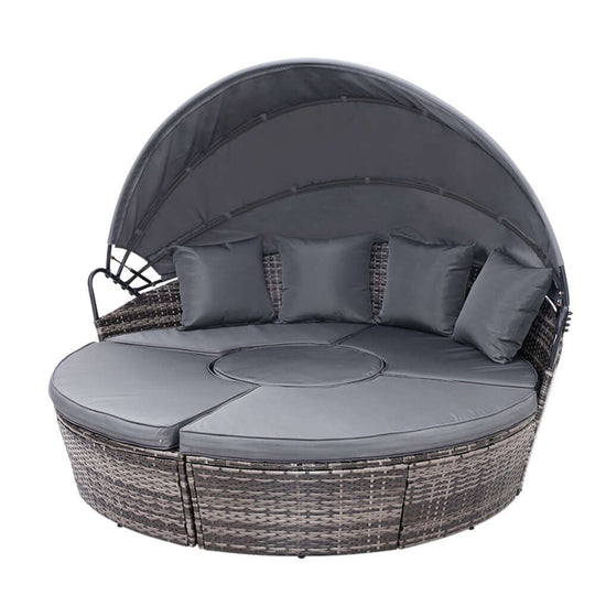 Gardeon grey wicker sun lounge day bed with a canopy and pillows, perfect for outdoor relaxation and summer enjoyment.