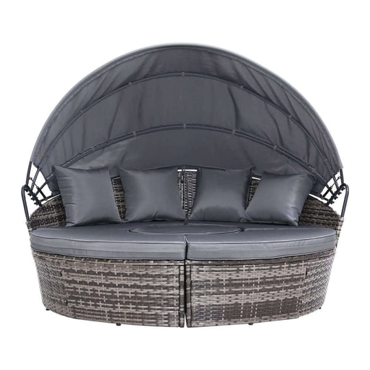 Grey Gardeon wicker sun lounge with canopy and cushions, perfect for outdoor relaxation and summer enjoyment.