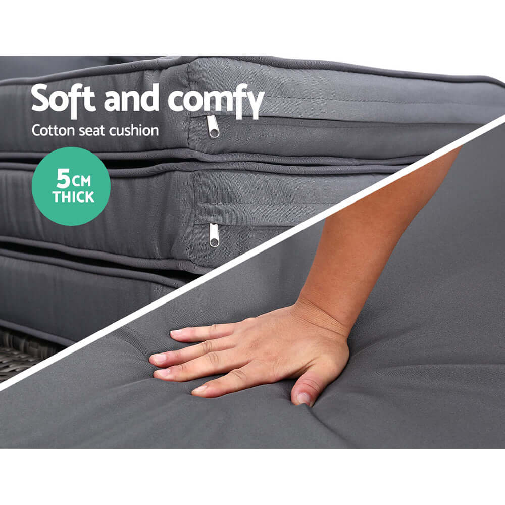 Close-up of soft, comfy 5cm thick cotton seat cushion for outdoor lounge furniture.