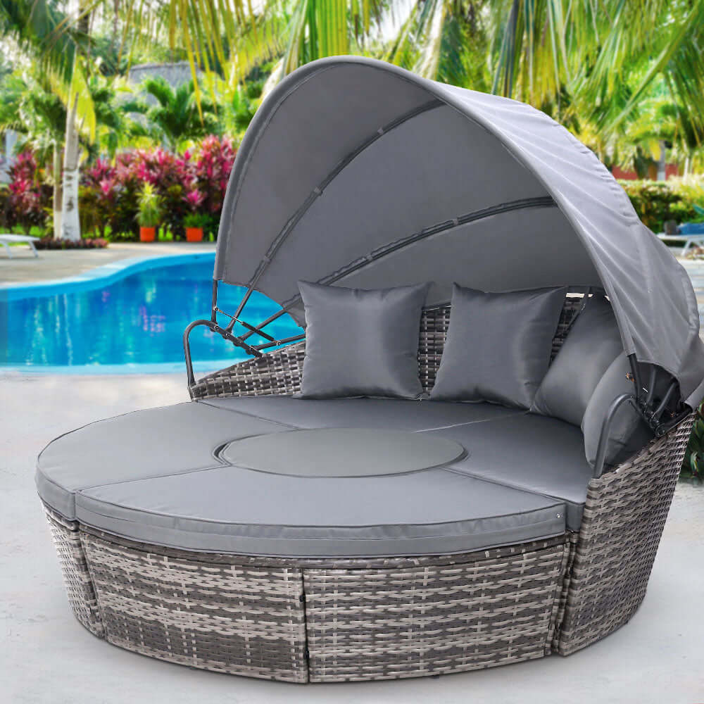 Gardeon sun lounge setting in grey, perfect for outdoor relaxation by the pool with weather-resistant design.