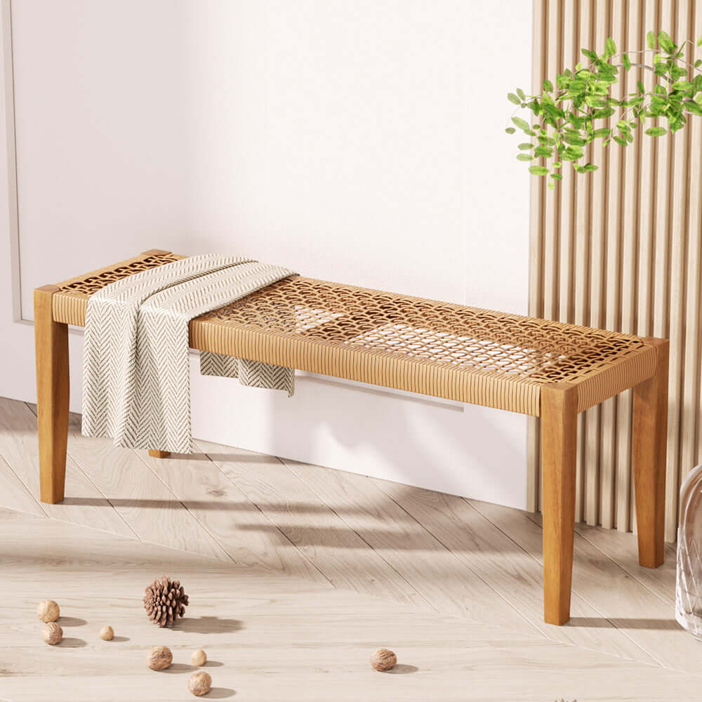 Gardeon 2-seater outdoor bench with woven PE wicker seat, perfect for stylish and affordable patio dining.