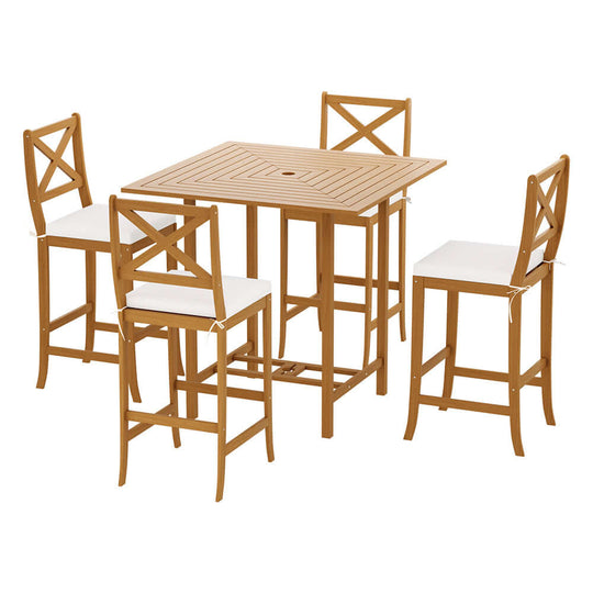 Gardeon 5-piece outdoor bar set made of Acacia wood, featuring a table and four stools, ideal for summer gatherings.