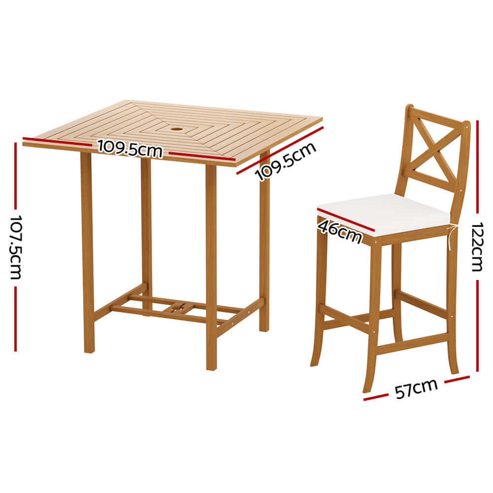 Gardeon 5-piece outdoor bar set dimensions, Acacia wood table and stool, patio furniture for summer relaxation.