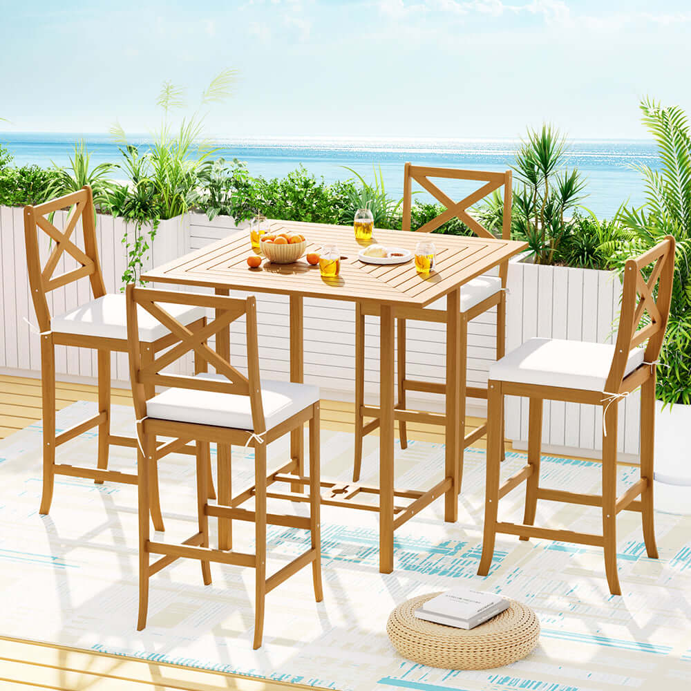 Gardeon 5-Piece Outdoor Bar Set in Acacia Wood with stools, perfect for patio or bistro dining.