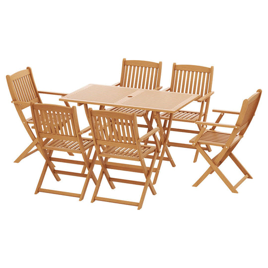 Gardeon 7 piece wooden outdoor dining set with foldable chairs and table, perfect for affordable luxury and DIY setups.