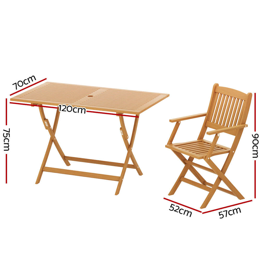 Gardeon 7-piece outdoor dining set featuring foldable wooden table and chair with dimensions for easy setup.