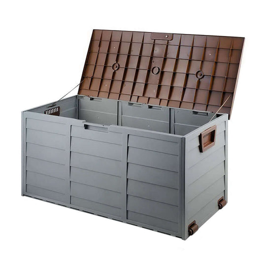 Gardeon 290L outdoor storage box in brown and grey, perfect for garden or shed use. Affordable, quality storage solution.