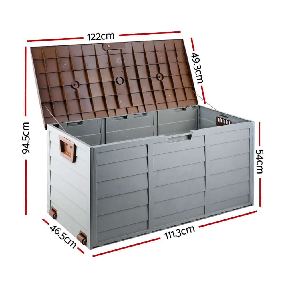 Gardeon Outdoor Storage Box dimensions: 122cm x 54cm x 49.3cm, 290L capacity, ideal for outdoor and indoor use.