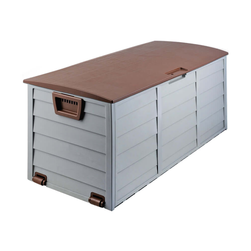 Affordable Gardeon Outdoor Storage Box 290L in brown, perfect for organizing your garden, shed, or garage.