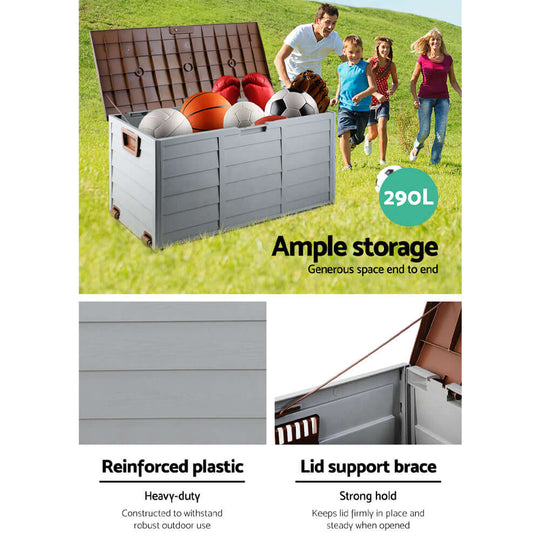 Gardeon 290L outdoor storage box, durable design with ample space for sports equipment and tools, perfect for backyard organization.