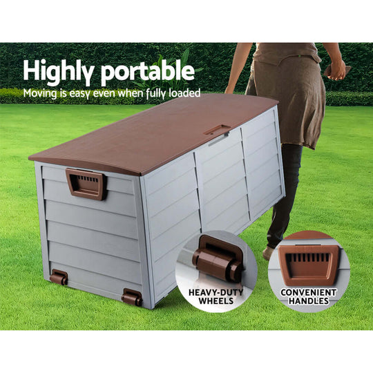 Gardeon 290L outdoor storage box with wheels and handles, portable and practical for garden or shed storage.