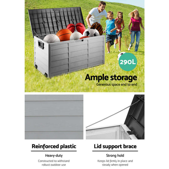 Gardeon Outdoor Storage Box 290L with heavy-duty lid support, perfect for garden tools and seasonal items, weather-resistant.