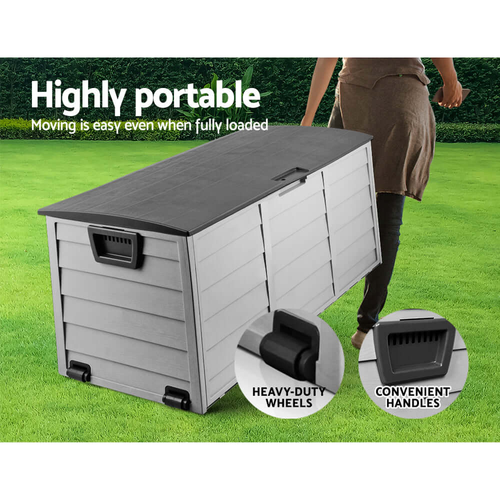 Gardeon 290L outdoor storage box with wheels and handles, perfect for easy portability and storage.