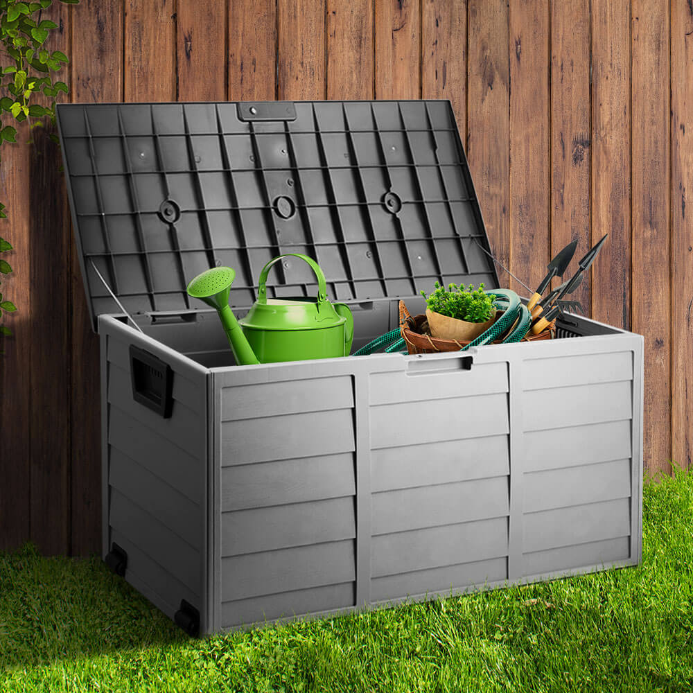 Gardeon 290L outdoor storage box open with gardening tools and accessories, perfect for DIY outdoor organization.