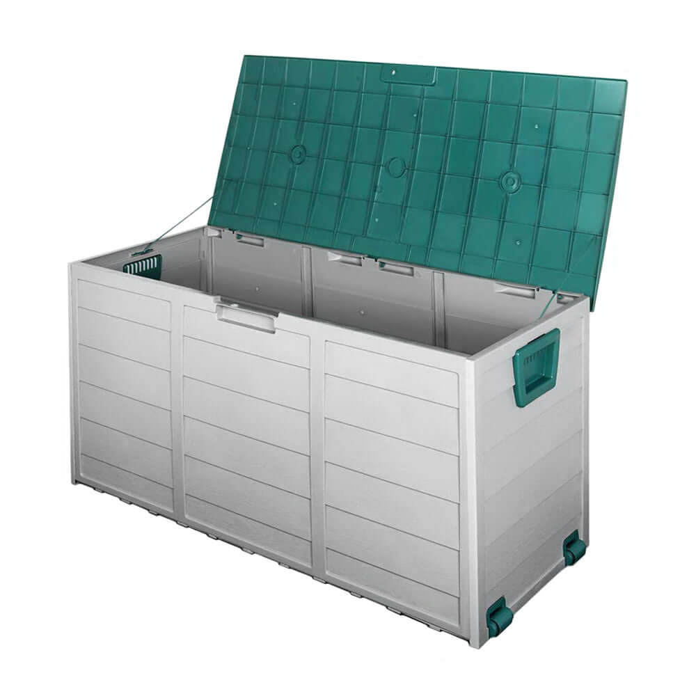 Gardeon 290L outdoor storage box with green lid, perfect for organizing garden tools and outdoor items.