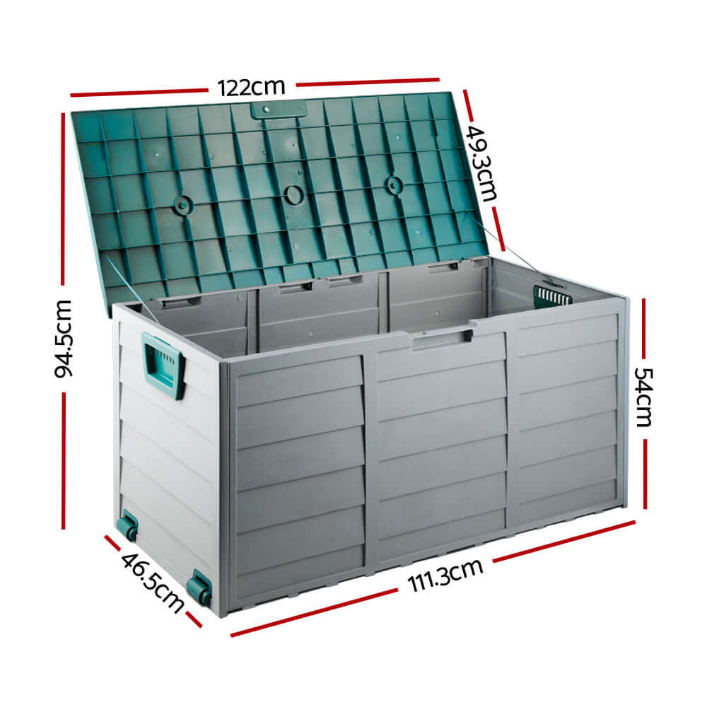 Gardeon Outdoor Storage Box 290L in gray with dimensions for outdoor tool storage and organization.